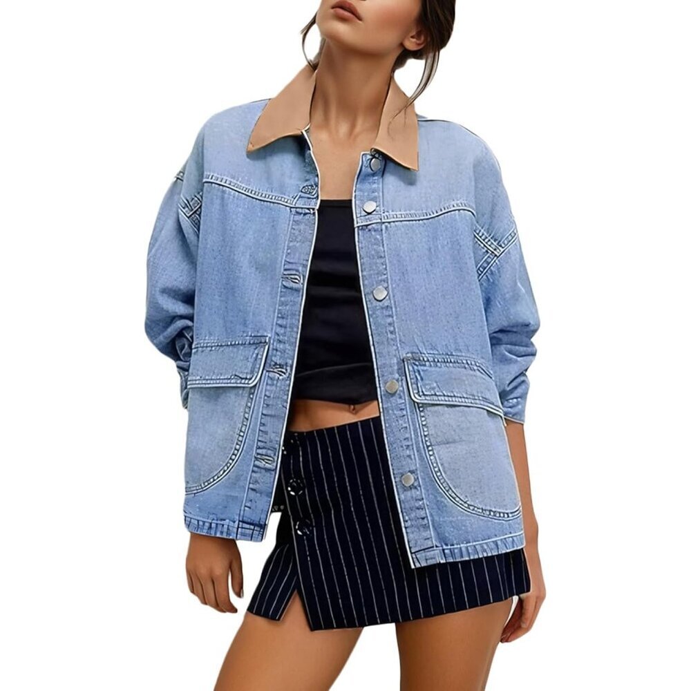 Women Jean Jacket Trendy Color Block Oversized Denim Shirt Long Sleeve
